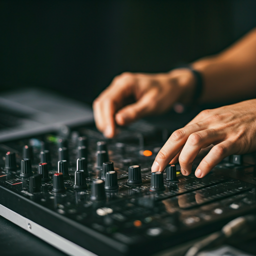 Close up of DJ hands on mixing console